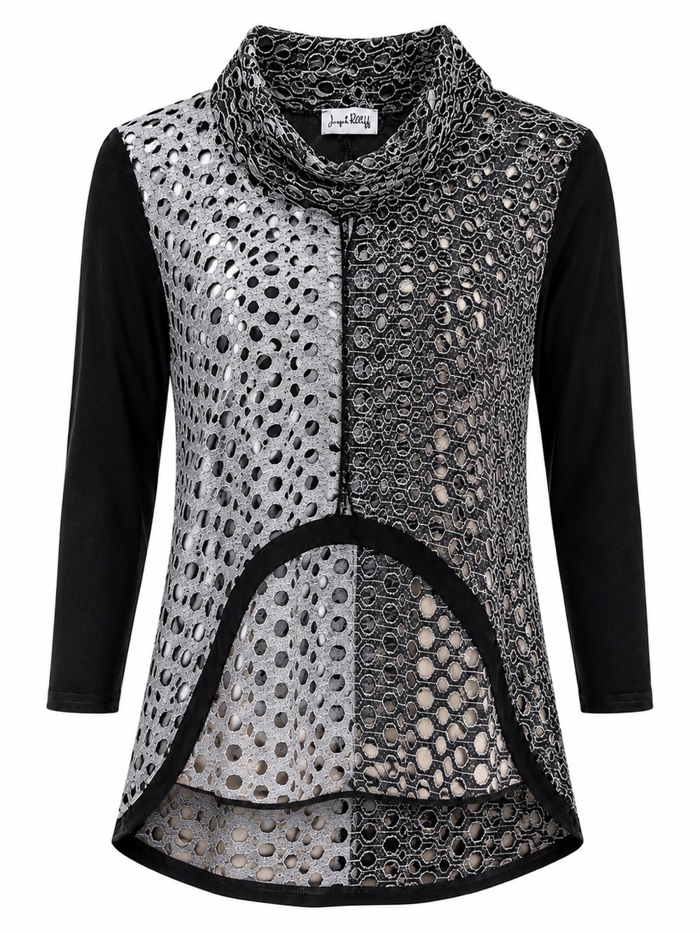 Joseph Ribkoff Sweater Black Silver Openwork Cowl Neck High Low Top Size 12